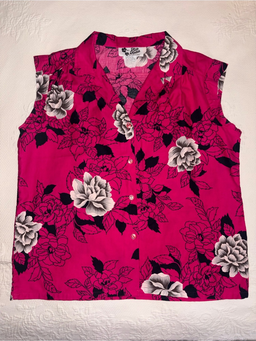 Vintage Hilo Hattie Hawaiian Floral Button-Down Sleeveless Blouse - size X - Picture 6 of 10